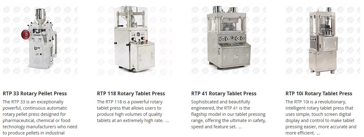 Rotary tablet press lineup — RTP 33, RTP 118, RTP 41, RTP 10i high-volume production machines